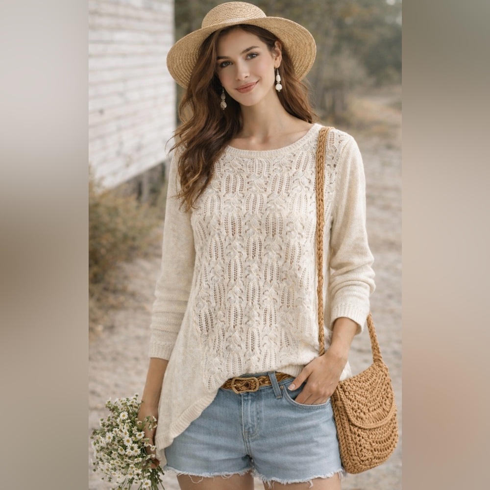 Sundance Cream Alpaca Blend Open Knit‎ Sweater Tunic Boho